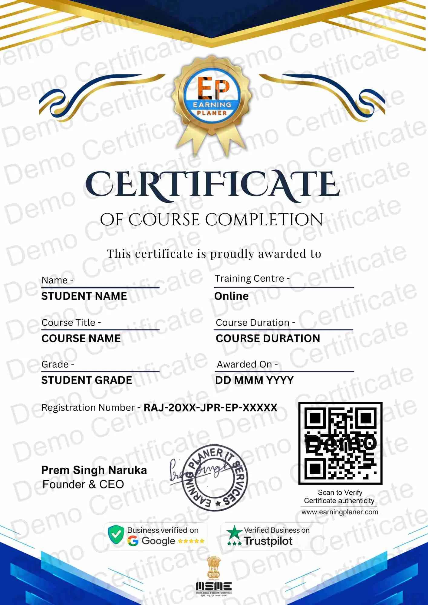 Earning Planer IT Services course completion certificate