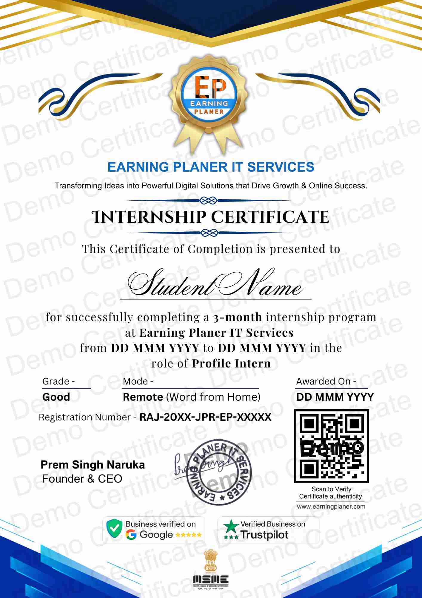 Internship Certificate Preview